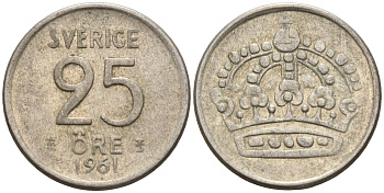 Швеция 25 эре 1961 TS, Густав VI Адольф (1950-1973) KM 824 серебро 4147-1115