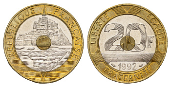 Франция 20 франков 1992 Мон-Сен-Мишель KM 1008 триметалл 186-414