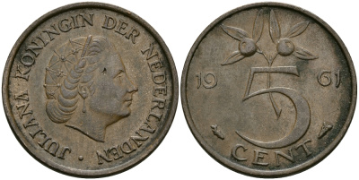 НИДЕРЛАНДЫ 5 ЦЕНТОВ 1961 ЮЛИАНА KM 181 бронза 95-346