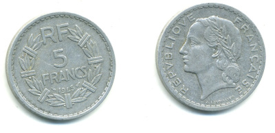 Франция 5 франков 1945 KM 888b.1, Le Franc 339.3 алюминий 84-636