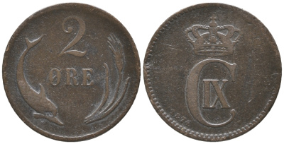 ДАНИЯ 2 ЭРЕ 1874 КРИСТИАН IX (1863-1906) KM 793.1 бронза 34-455