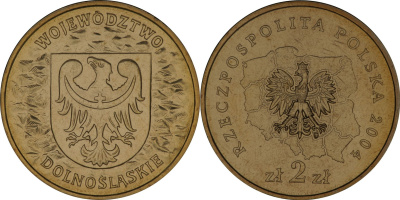 Польша 2 злотых 2004 MW, серия польские воеводства, Дольнославское воеводство KM 484 нордик  UNC  4635-814