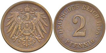 ГЕРМАНИЯ 2 ПФЕННИГА 1908 A KM 16, J. 11, Weege 4 медь 206-541