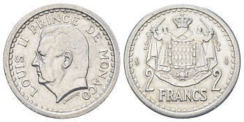Монако 2 франка 1943 Луи II (1922-1949), год-тип KM 121 алюминий 4642-214