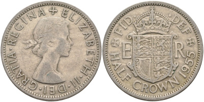 Великобритания 1/2 кроны 1955 Елизавета II (1952-2022) KM 907, Spink 4145 медно-никель 4587-946