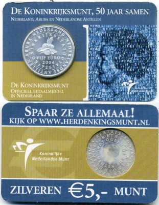 Нидерланды 5 евро 2004 50 лет внутренней автономии, в оригинальном блистере KM 253 серебро BU 4-5-2-21