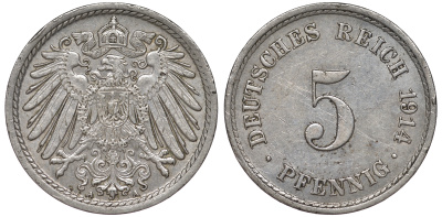 ГЕРМАНИЯ 5 ПФЕННИГОВ 1914 A, KM 11, J. 12 медно-никель 45-1137