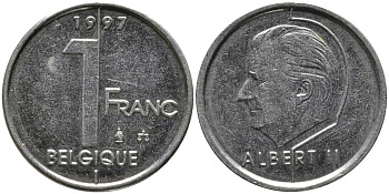 БЕЛЬГИЯ 1 ФРАНК 1997 BELGIQUE, АЛЬБЕРТ II (1993-) KM 187 железо плакированное никелем 99-1232