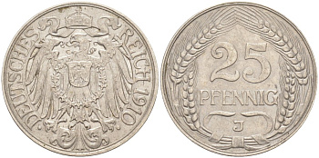 Германия 25 пфеннигов 1910 J KM 18, Weege 12, J.18 никель 186-1156