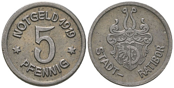 Ратибор (Силезия) 5 пфеннингов 1919 Funck 438.4, Men05 21145.4, Men18 26408.4 железо 4164-147