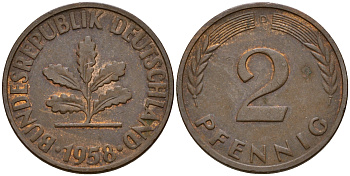 ФРГ 2 пфеннига 1958 D J.381  KM 106 бронза    4598-647