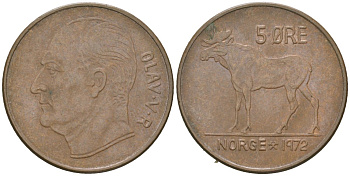Норвегия 5 эре 1972 лось, Улаф V (1958-1991) KM 405 бронза 4616-1023