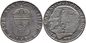 Швеция 1 крона 1977 Карл XVI Густав (1973- ) KM 852 медь плакированная медно-никелем 4397-835