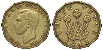 Великобритания 3 пенса 1943 Георг VI (1936-1952) KM 849, Spink 4112 никель латунь 4122-915