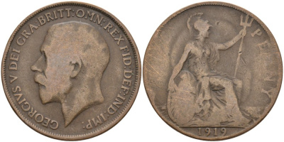 Великобритания 1 пенни 1919 Георг V (1910-1936) KM 810, Spink 4051 бронза 4572-1234