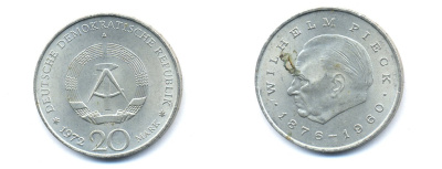 ГДР 20 марок 1972 А, Вильгельм Пик (1876-1960) KM 42 медно-никель 3333-415