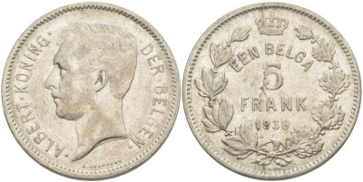 БЕЛЬГИЯ 5 ФРАНКОВ 1930 АЛЬБЕРТ I, DER BELGEN KM 98 никель 3851-321