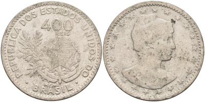 Бразилия 400 рейс 1901 голова свободы вправо KM 505 медно-никель 4367-136