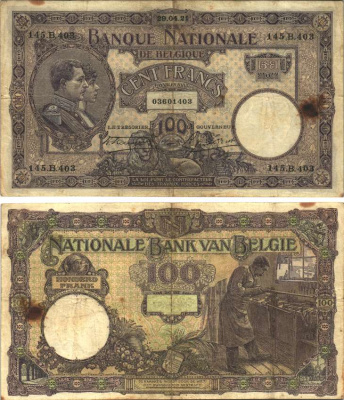 БЕЛЬГИЯ 100 ФРАНКОВ 1921 29 АПРЕЛЯ 1921, КОРОЛЬ АЛЬБЕРТ И КОРОЛЕВА ЕЛИЗАВЕТА, ОРУЖЕЙНИК Pick 95 бумага VF 8564-27-1-1