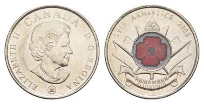 Канада 25 центов 2008 90 лет со дня окончания Первой мировой войны KM 775 сталь плакированная никелем UNC 4652-1144