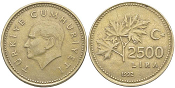 ТУРЦИЯ 2500 ЛИР 1992 КЕМАЛЬ АТАТЮРК KM 1015 никель бронза 115-523