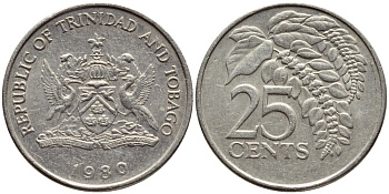 Тринидад и Тобаго 25 центов 1980 цветок дикая пуансеттия KM 32 медно-никель 4396-751