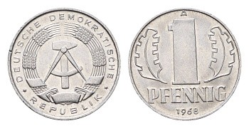 ГДР 1 пфенниг 1968 A KM 8.1 алюминий UNC 4651-617