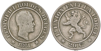 Бельгия 20 сантимов 1861 Леопольд I (1831-1865) KM 20 медно-никель 4616-327