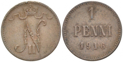 РОССИЯ ДЛЯ ФИНЛЯНДИИ 1 ПЕННИ 1916 НИКОЛАЙ II (1895-1917) KM 13, Биткин 476 медь 211-1027