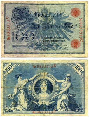 Германия 100 марок 1908 7 февраля 1908, НОМЕР 29 мм., серия С, буква А, выпуск КОНЕЦ 1916 - НОЯБРЬ 1918 года Pick 33, Роземберг 33b бумага F 6280-7-3-2