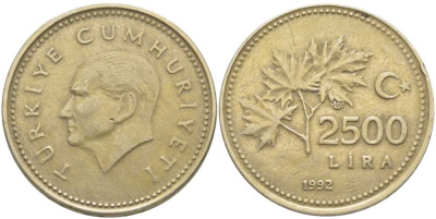 ТУРЦИЯ 2500 ЛИР 1992 КЕМАЛЬ АТАТЮРК KM 1015 никель бронза 115-523