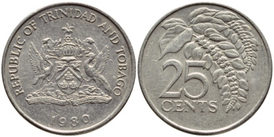 Тринидад и Тобаго 25 центов 1980 цветок дикая пуансеттия KM 32 медно-никель 4396-751