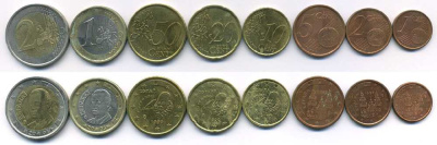 Испания евронабор из 8 монет 1999-2003 1, 2, 5, 10, 20, 50 евроцентов, 1 и 2 евро KM 1040, 1041, 1042, 1070, 1071, 1072, 1073, 1074 N5-40