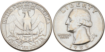 США 25 ЦЕНТОВ = КВОТЕР 1986 D, ВАШИНГТОН KM А164a медь плакированная медно-никелем 190-344