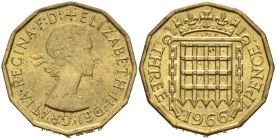 Великобритания 3 пенса 1966 Елизавета II (1952-2022) KM 900, Spink 4153 никель латунь 4561-1037