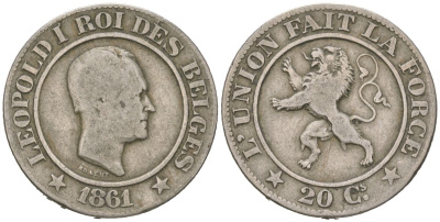 Бельгия 20 сантимов 1861 Леопольд I (1831-1865) KM 20 медно-никель 4616-327