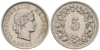 Швейцария 5 раппенов 1963 B KM 26 медно-никель aUNC 4115-1234