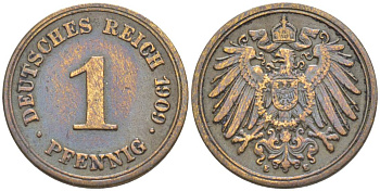 ГЕРМАНИЯ 1 ПФЕННИГ 1909 E KM 10, Jager. 10, Weege 2 медь 4528-1256