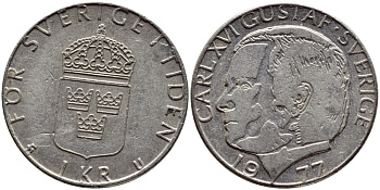 Швеция 1 крона 1977 Карл XVI Густав (1973- ) KM 852 медь плакированная медно-никелем 4397-822