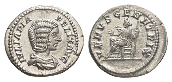 Римская Империя денарий 211-217 Юлия Домна, жена Септимия Севера, IVLIA PIA FELIX AVG, бюст императрицы/VENVS GENETRIX, Венера на троне, держит скипетр, Рим, About extremely fine RIC 389 серебро 00-812-42