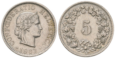 Швейцария 5 раппенов 1963 B KM 26 медно-никель aUNC 4115-1234