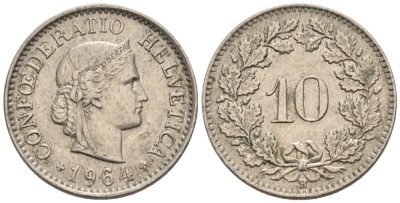 Швейцария 10 раппенов 1964 В KM 27 медно-никель 4576-953