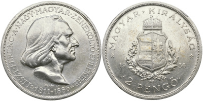 Венгрия 2 пенге 1936 50 лет со дня смерти Ференца Листа KM 515 серебро aUNC 441-344