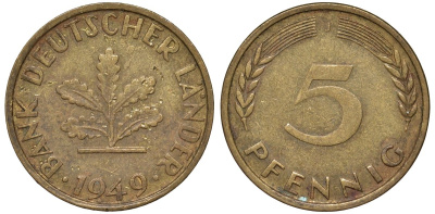 ФРГ 5 пфеннигов 1949 J KM 102 сталь плакированная бронзой 4174-512