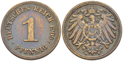 ГЕРМАНИЯ 1 ПФЕННИГ 1909 E KM 10, Jager. 10, Weege 2 медь 4528-1256