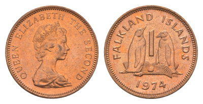 Фолклендские острова 1 пенс 1974 Елизавета II (1952-2022), папуанский пингвин KM 2 бронза  aUNC  4640-853