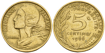 Франция 5 сантимов 1966 тип Marianne KM 933 медь-алюминий-никель    4189-235