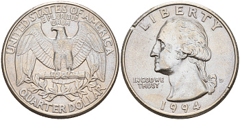 США 25 центов (квотер) 1994 D, Вашингтон KM 164a медь плакированная медно-никелем 190-417