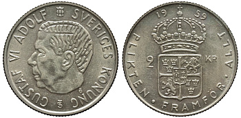 Швеция 2 кроны 1959 TS, Густав VI Адольф (1950-1973) KM 827 серебро 00-00