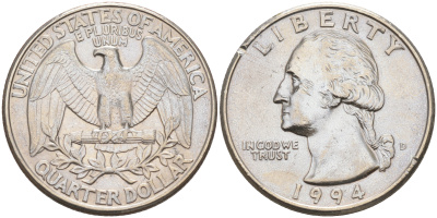 США 25 центов (квотер) 1994 D, Вашингтон KM 164a медь плакированная медно-никелем 190-417